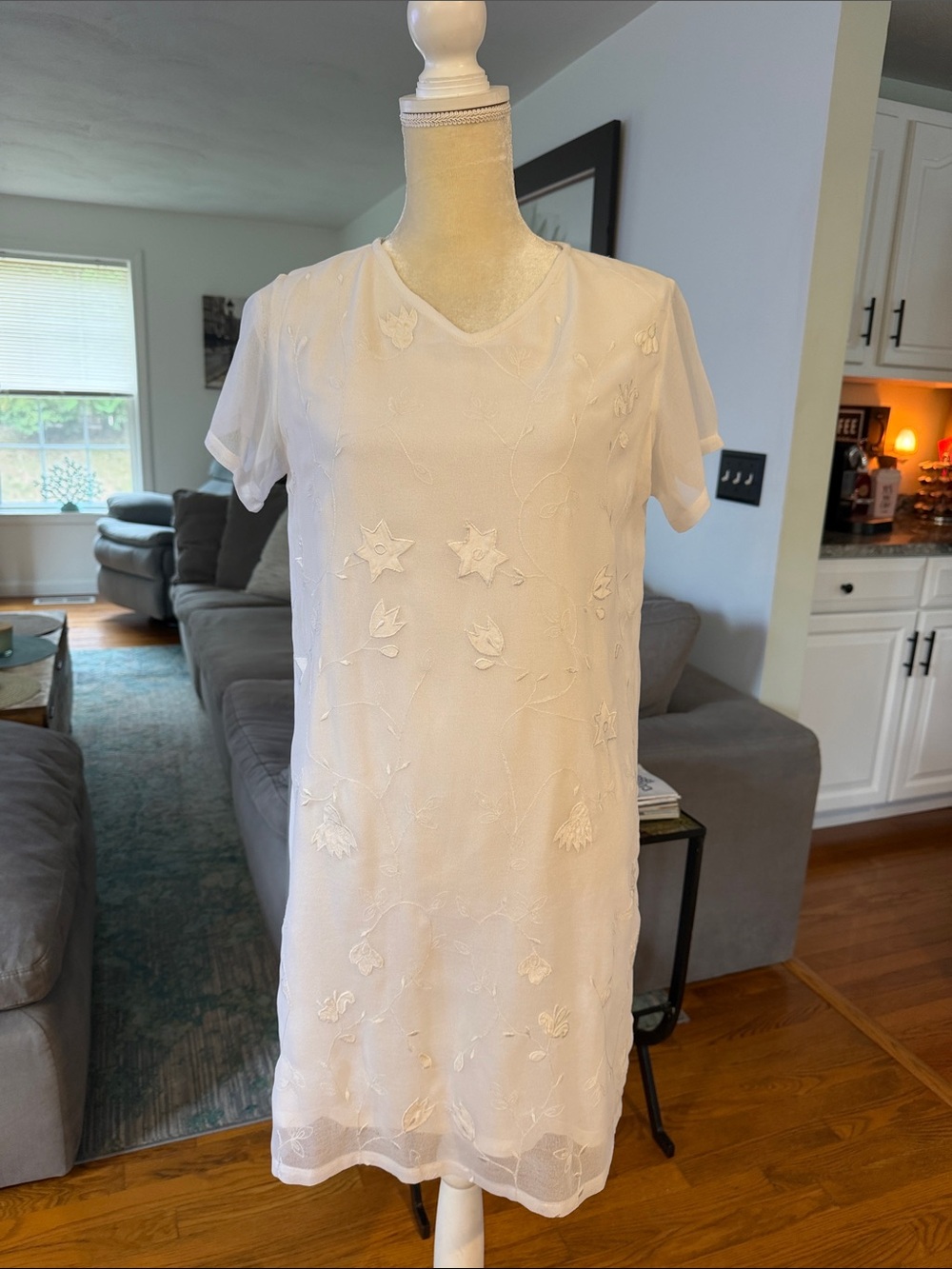 Ivory Embroidered Short-Sleeve V-Neck Dress